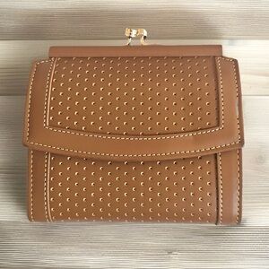 🦆 DOONEY & BOURKE BIFOLD TAN PERFORATED LEATHER CABRIO KISSLOCK CLUTCH WALLET